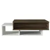 A modern coffee table with a white base and a walnut-colored top section. Produktbild-Vorschau