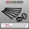 A collection of black cable ties and straps are displayed against a light gray background, with German text describing their features. Produktbild-Vorschau