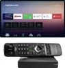 A collage showing a media streamer device and its remote control, with a screenshot of the device's user interface on a screen. Produktbild-Vorschau