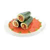 Three stuffed zucchini halves are arranged on a white plate with a red sauce and garnished with sliced green onions. Voir les images du produit