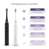 Two electric toothbrushes, one black and one white, are shown next to a list of five cleaning modes with corresponding icons and descriptions. Produktbild-Vorschau