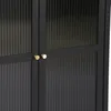 A close-up view of the doors of a black sideboard with fluted glass panels and gold knobs. Podgląd zdjęcia produktu