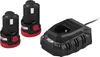 Two black and red batteries and a black battery charger are arranged on a white background. Produktbild-Vorschau