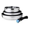 A stack of three metal pots and a detachable black handle with a blue accent. Voir les images du produit
