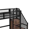 A close-up view of a black metal loft bed with wooden stairs and a built-in cabinet. Produktbild-Vorschau