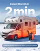A diesel heater is shown next to an RV in a snowy environment, with text highlighting its fast heating capabilities. Produktbild-Vorschau
