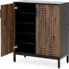 A modern shoe cabinet with two doors, one open, on a white background. Voir les images du produit