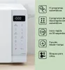 A close-up of a white microwave oven's control panel and a list of its features. Produktbild-Vorschau