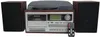 A vintage-style record player with speakers and a remote control, presented on a white background. Produktbild-Vorschau