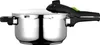 A stainless steel pressure cooker with a black and green handle is shown against a white background. Podgląd zdjęcia produktu