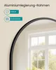 A close-up of a round mirror frame with text overlays highlighting its features. Produktbild-Vorschau