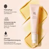 A product shot of an eye serum tube with descriptive text and icons on the left, set against a swirled yellow and cream background. Voir les images du produit