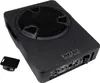 A black subwoofer with a remote control in front of it, on a gray background. Produktbild-Vorschau