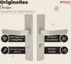 A product image showcasing door handles with descriptive text and icons highlighting features. Produktbild-Vorschau