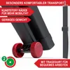 Close-up of a black leaf blower with red wheels, highlighting its features with text overlays. Produktbild-Vorschau