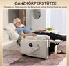 An elderly man is relaxing in a beige recliner chair, which is shown in a reclined position. The chair has labels pointing to different body parts it supports. Produktbild-Vorschau