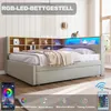 A bed with integrated shelving and LED lighting, shown with a smartphone app and remote control for the lights. Produktbild-Vorschau