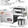 A product image with multiple measurements and specifications overlaid on it, showing a stainless steel oil press machine. Produktbild-Vorschau