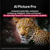 A close-up of a leopard's face with text overlay describing AI picture technology. Produktbild-Vorschau
