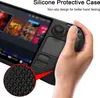A hand holding a black silicone protective case for a gaming console, with a close-up inset showing the textured grip. Produktbild-Vorschau