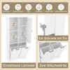 A white bathroom cabinet with multiple shelves and two pull-out laundry baskets, shown with various icons indicating its uses. Podgląd zdjęcia produktu