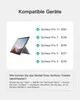 A graphic showing compatible devices for a Surface Pro keyboard and instructions on how to identify a Surface tablet model. Produktbild-Vorschau