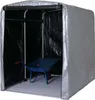 A silver outdoor storage shed with a blue wheelbarrow inside. Produktbild-Vorschau