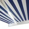 A close-up view of a retractable awning with blue and white stripes. Produktbild-Vorschau