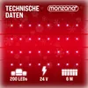 A marketing image showing technical specifications for a string of lights, with snowflakes in the background. Voir les images du produit