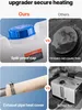 A collage of four images comparing features of a diesel heater, highlighting its spill-proof cap and exhaust pipe heat cover against potential issues like oil leaks and burned floors. Voir les images du produit