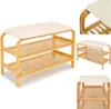 A bamboo shoe rack with a beige seat cushion is shown from multiple angles against a white background. Produktbild-Vorschau