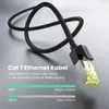 A black Ethernet cable with a silver and yellow connector is coiled on a light gray surface, with text overlays describing its features. Produktbild-Vorschau
