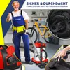 A man in work clothes is giving a thumbs up next to a vacuum cleaner, with a bicycle in the background. There are also close-up shots of vacuum cleaner parts and a hand using an attachment. Produktbild-Vorschau