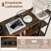 A close-up view of a shelf on a bar cart, showing a built-in charging station with a phone plugged in, a coffee cup, and a coffee maker on the shelf above. The bottom section displays technical specifications and icons. Náhled obrázku produktu