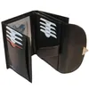A black leather wallet is shown open, displaying its interior card slots and a clear window for identification. Produktbild-Vorschau
