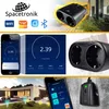 A collage of images showing a smart plug, its app interface, and a modern house with smart lighting. Náhled obrázku produktu