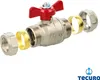 An exploded view of a ball valve with compression fittings. Produktbild-Vorschau