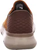 The back view of a brown and tan SKECHERS slip-on shoe. Voir les images du produit