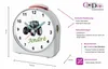 A white alarm clock with a tractor image and text labels describing its features. Produktbild-Vorschau