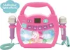 A pink karaoke machine with two microphones, featuring a unicorn graphic and control buttons. Produktbild-Vorschau