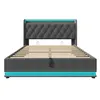 A grey upholstered bed frame with a tufted headboard and LED lighting around the base and headboard. Produktbild-Vorschau