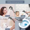 A collage of four images showing different applications of a handheld showerhead: an adult showering, a child in a bathtub, a dog being bathed, and cleaning a toilet. Produktbild-Vorschau