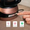 A hand is pressing a button on a steam iron station, with feature callouts below. Produktbild-Vorschau
