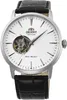 A close-up studio shot of an Orient automatic watch with a white dial and black leather strap. Podgląd zdjęcia produktu