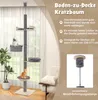 A cat tree is shown in a room with a window and a chair. Text overlays describe its features. Produktbild-Vorschau