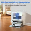 A robotic vacuum cleaner docked in its charging and cleaning station, with diagrams illustrating its water and dust tank capacities. Produktbild-Vorschau