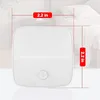 A white LED night light with a motion sensor is shown in a bedroom setting, with dimensions indicated. Produktbild-Vorschau