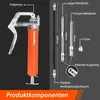 A product image showing a grease gun and its accessories with labels and dimensions. Produktbild-Vorschau
