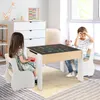 Two children are sitting at a wooden table with a blackboard top, in a room with a dresser and a window. Produktbild-Vorschau
