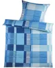 A folded duvet cover and pillowcase set with a blue plaid pattern. Produktbild-Vorschau